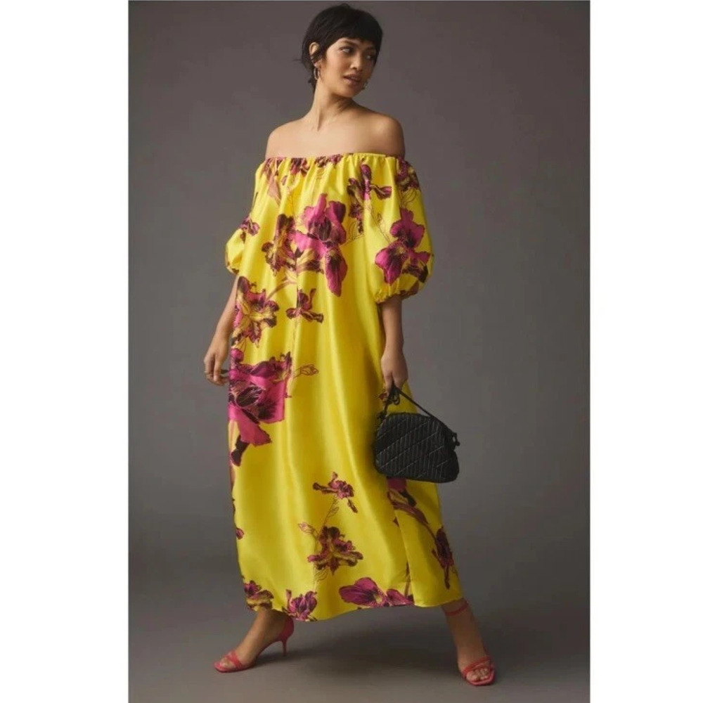 Atsu Anthropologie Yellow Pink Floral Dress | Off-Shoulder | NWOT